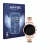 Front side of a product packaging with the brand logo Savvies. Next to it is the device Michael Kors Access Runway (41 mm) sho