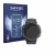 Front side of a product packaging with the brand logo Savvies. Next to it is the device Amazfit Active Edge shown with the cor