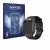 Front side of a product packaging with the brand logo Savvies. Next to it is the device bedee Smartwatch 1.96" shown with the 