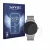 Front side of a product packaging with the brand logo Savvies. Next to it is the device Pireware Slim Smartwatch shown with th