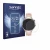 Front side of a product packaging with the brand logo Savvies. Next to it is the device Huawei Watch 5 (42 mm) shown with the 