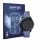 Front side of a product packaging with the brand logo Savvies. Next to it is the device TAG Heuer Connected Calibre E5 X (40 m