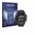 Front side of a product packaging with the brand logo Savvies. Next to it is the device Garmin Tactix Charlie shown with the c