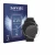 Front side of a product packaging with the brand logo Savvies. Next to it is the device Garmin Tactix 7 Pro shown with the cor