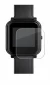 Image of the device Bangle.js 2 with a wide variety of screen protectors.