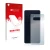 Front side of a product packaging with the brand logo upscreen. Next to it is the device Samsung Galaxy S10e (Back) shown with