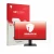 Front side of a product packaging with the brand logo upscreen. Next to it is the device MSI PRO MP243 shown with the correspo