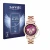 Front side of a product packaging with the brand logo Savvies. Next to it is the device Michael Kors Access Sofie shown with t