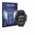 Front side of a product packaging with the brand logo Savvies. Next to it is the device Garmin Tactix Charlie shown with the c