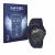 Front side of a product packaging with the brand logo Savvies. Next to it is the device Casio G-Shock GBA800 shown with the co
