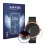 Front side of a product packaging with the brand logo Savvies. Next to it is the device Withings ScanWatch Light shown with th