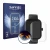 Front side of a product packaging with the brand logo Savvies. Next to it is the device Hama Fit Watch 5000 shown with the cor