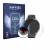 Front side of a product packaging with the brand logo Savvies. Next to it is the device Hama Smartwatch 7010 shown with the co