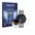 Front side of a product packaging with the brand logo Savvies. Next to it is the device Pireware Slim Smartwatch shown with th