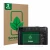 Front side of a product packaging with the brand logo ScreenLeaf. Next to it is the device Panasonic Lumix DC-TZ202 shown with