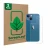 Front side of a product packaging with the brand logo ScreenLeaf. Next to it is the device Apple iPhone 13 mini (Back) shown w