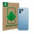 Front side of a product packaging with the brand logo ScreenLeaf. Next to it is the device Fairphone 5 (ONLY Camera Lens) show