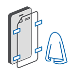 Graphic with screen protector, alignment strips and microfiber cloth – accessories for screen protector installation.
