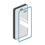 Graphic with reflective screen glass in front of a smartphone – symbolizes hardened screen protection.