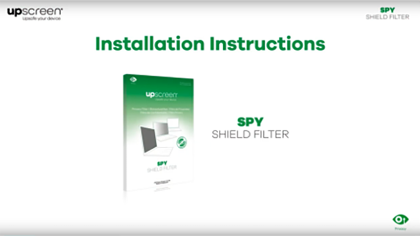 Installation of an upscreen privacy filter on a laptop – step-by-step application of the Spy Shield filter.